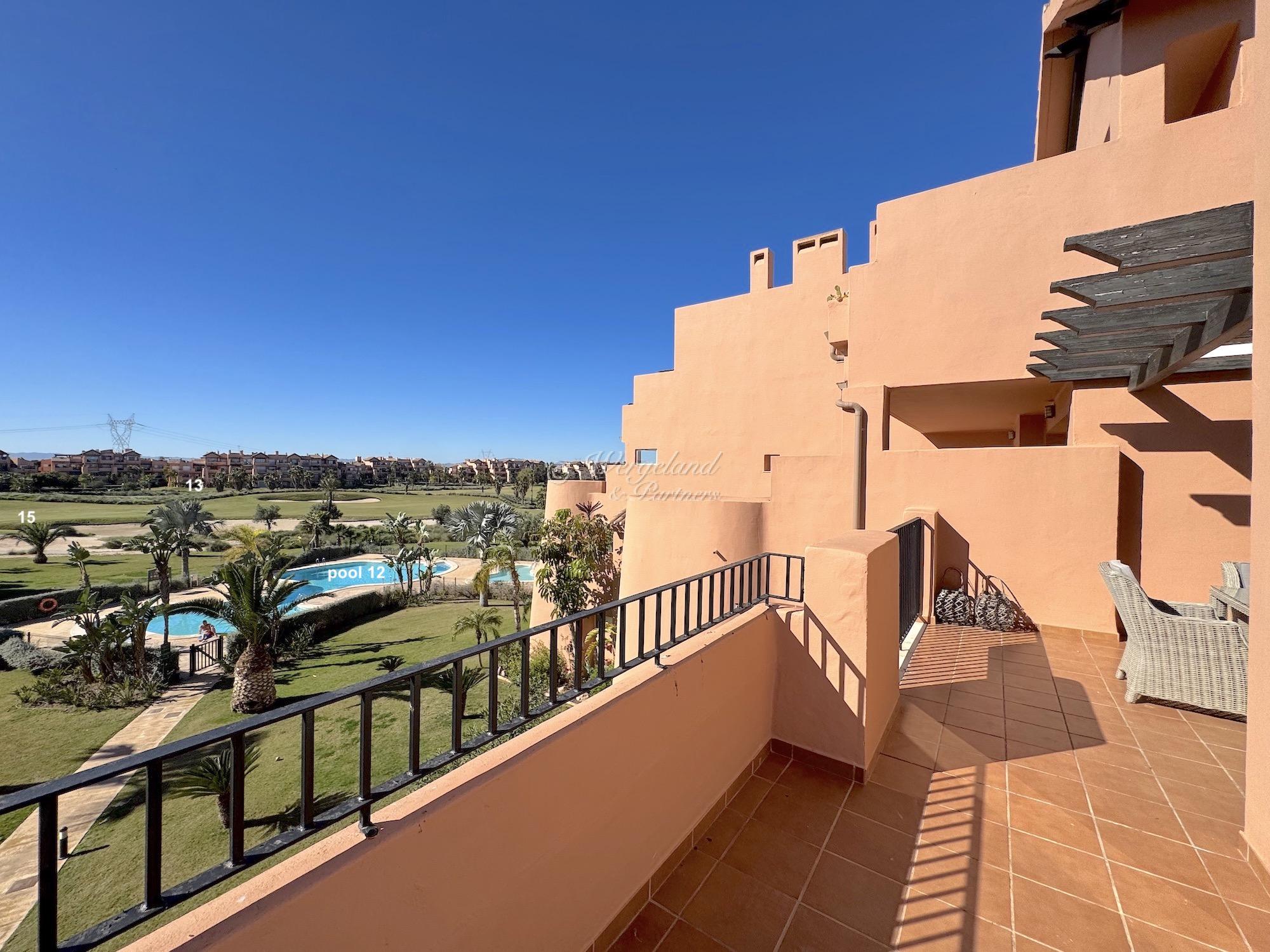 Fully furnished 3 bed, sunny terraces, garage, great views over pool and golf course