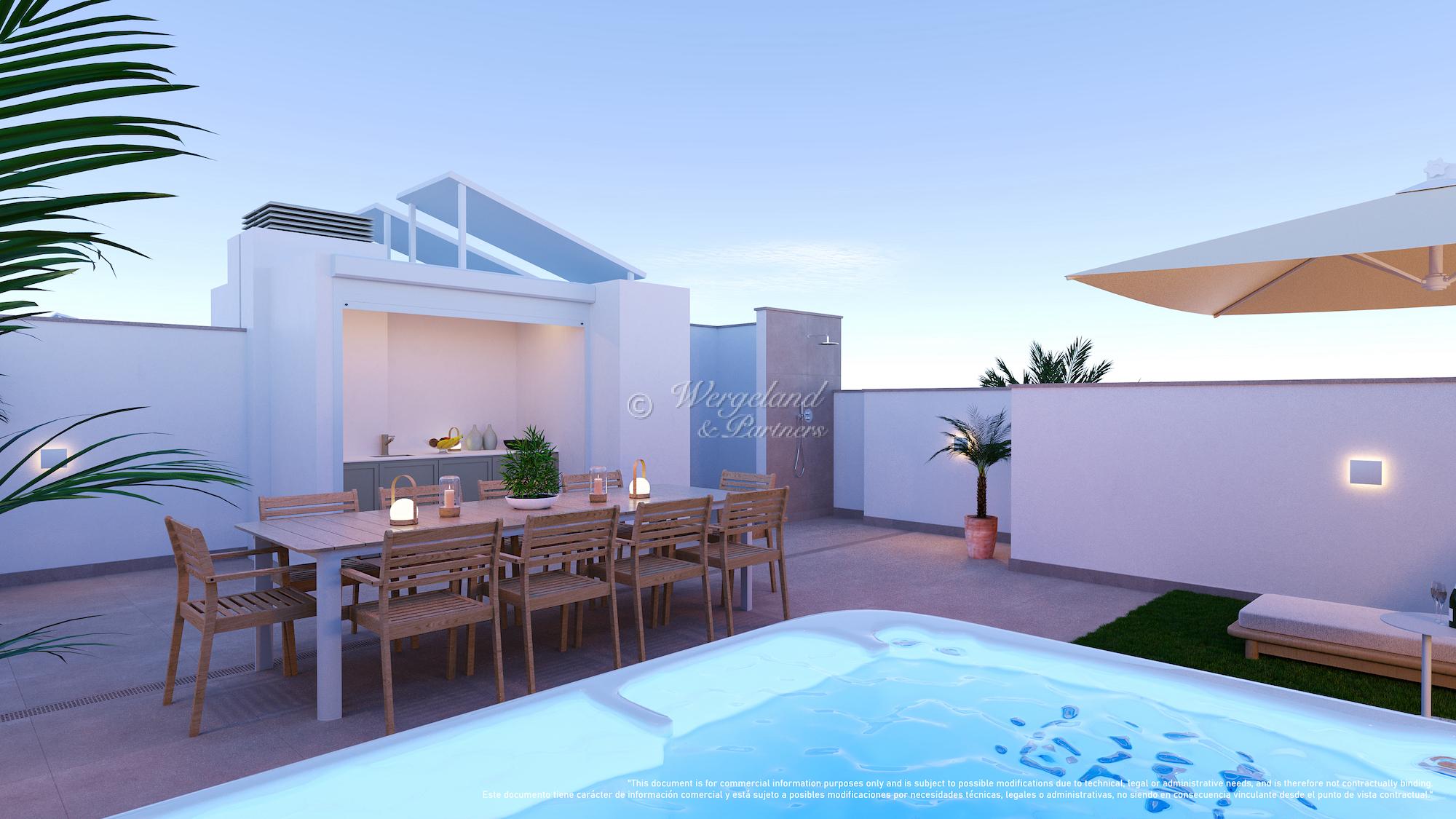 Hjørneleil. toppetasje m. takterrasse, felles basseng, strandnært [PMP6B]